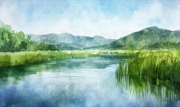 A watercolor illustration of valley with calm river flowing through verdant fields AI generated