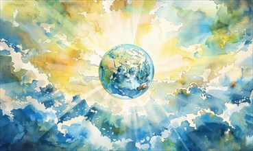 Watercolor illustration of the Earth globe with clouds and sun rays in the background AI generated