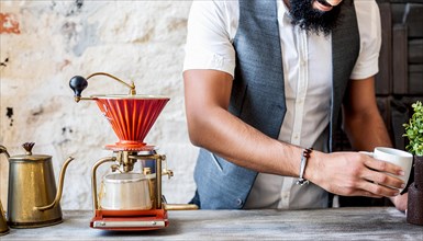 Smiling man preparing drip coffee with a retro grinder in a homely setting, horizontal, AI