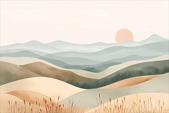 Serene, minimalistic landscape of layered hills under a pastel-colored sunrise, illustration, AI