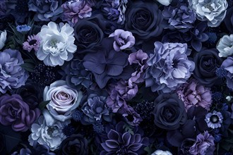 Rich floral pattern with an array of flowers in deep blues and purples set against a dark