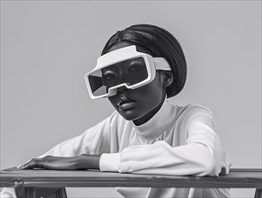 Black and white image of a woman wearing VR headset in a futuristic fashion, AI generated