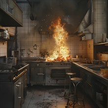A fierce fire spreads through the kitchen, the heat distorts the air, AI generates, AI generated