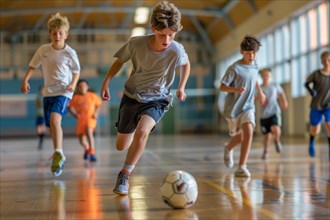 Pupils playing indoor football in a sports hall, sports lessons, AI generated, AI generated, AI