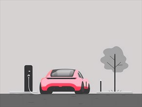 A minimalist illustration of a pink electric car at a charging station with a tree, illustration,