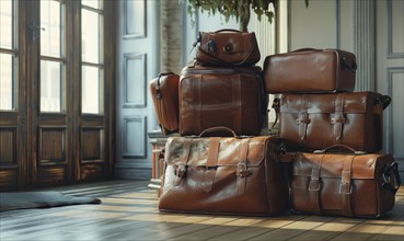 Vintage leather bags neatly stacked on a wooden floor in a classic room AI generated