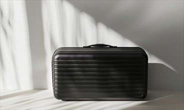 A modern black suitcase in a shadowy room, highlighted by streaks of light AI generated