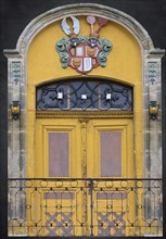 Entrance door with coat of arms of Bueg Castle, Forth, Middle Franconia, Bavaria, Germany, Europe