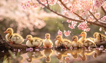 A group of fluffy ducklings waddling near a pond surrounded by blooming cherry trees. Spring