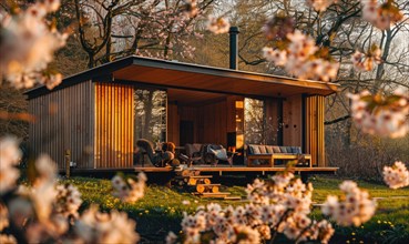 A modern wooden cabin with a cozy fireplace, surrounded by vibrant spring blossoms and lush
