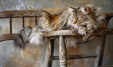 Maine Coon cat perched gracefully on a vintage wooden chair AI generated
