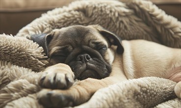 Sleepy pug puppy curled up in a soft bed AI generated