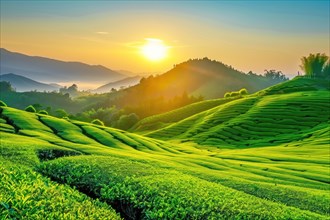 A breathtaking view of the sun rising over vibrant green tea plantations, nestled amidst rolling