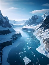 Crystal clear frozen fjord in greenland vast icy landscape under arctic sky, AI generated