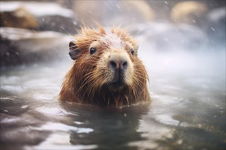 Cabyybara rodent sitting in hot bath. KI generiert, generiert, AI generated