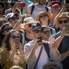 Portrait, Many tourists stand close together and take selfies with their cell phones, photo quality