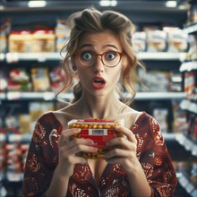 Confused young woman with glasses holding food packaging in supermarket, AI generated