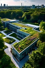 Aerial view of a modern hospitals green roof designed as a therapeutic garden, AI generated,