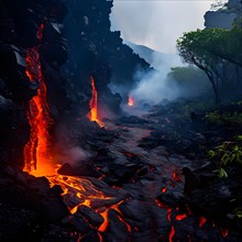 Vigorous lava flow making its onslaught on a verdant forest, AI generated