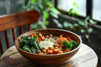 Nutritious buddha bowl with chickpeas, kale, and carrots served in a warm wooden bowl, AI generated