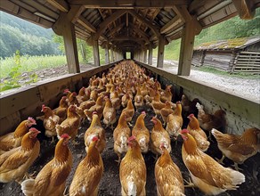 Numerous chickens lined up inside a long wooden covered bridge during daylight, AI generiert, AI
