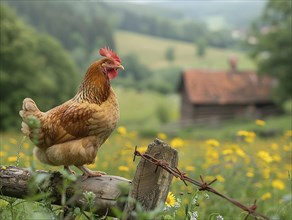 A lone chicken positioned by a barbed wire fence near dandelions with a farmhouse in the distance,