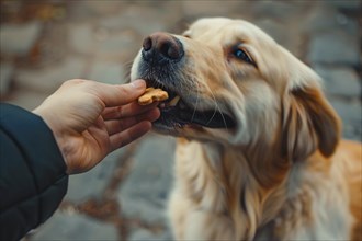 Close up of human giving dog treat to dog. KI generiert, generiert, AI generated