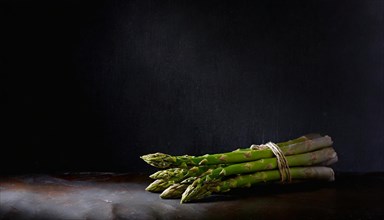 Individual asparagus spears lie on a dark surface with shadows, fresh green asparagus, AI