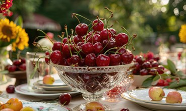 Ripe cherries arranged in a decorative centerpiece for a summer garden party AI generated