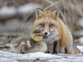 A fox lies in the snow and protects a duckling that cuddles up to him, AI generated, AI generated,