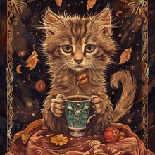 A cute kitten is holding a cup of coffee in its paws. The image has a warm and cozy feeling, as if