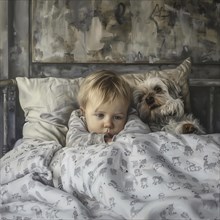 A child lies relaxed in bed next to a small dog, both look into the camera, AI generates, AI
