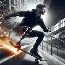 A skateboarder with a bionic leg jumping near a handrail in the city, with sparks flying, AI