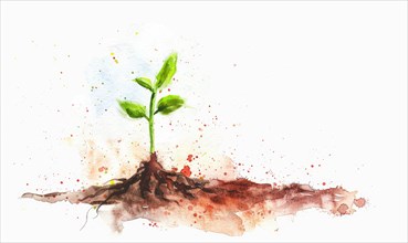 Watercolor illustration of a tree sprout with tiny roots on white background AI generated