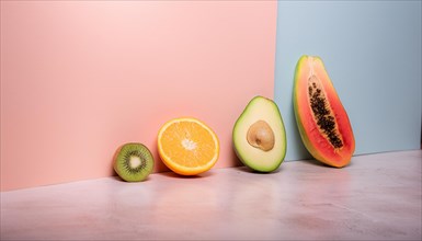 Sliced fruits arranged on a split pastel background, featuring kiwi, orange, avocado, and papaya,