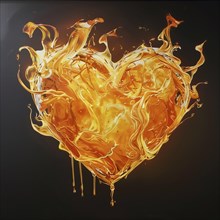 A molten heart shape floating in front of an abstract golden fire, AI generated