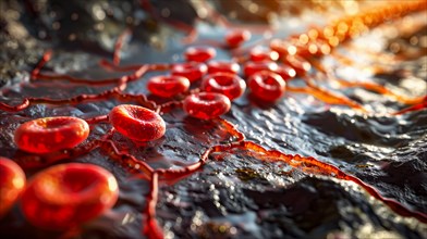 Vibrant red blood cells on a textured surface with red to orange gradient, ai generated, AI