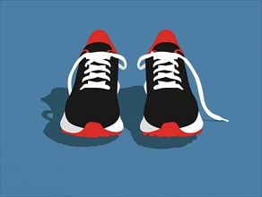 Illustration of red and black sneakers with untied laces on a blue background, illustration, AI