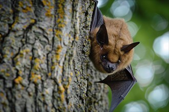Cute small bat clinging to tree. KI generiert, generiert, AI generated