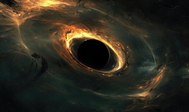Mysterious fiery orange hues swirl into the cosmic vortex of a black hole in this artwork AI