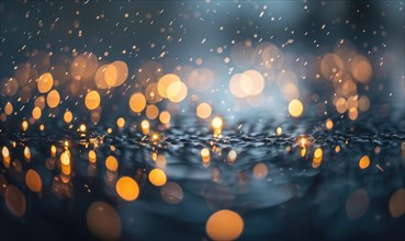 Bokeh lights reflecting off water droplets on a rainy day AI generated