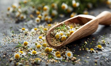 Chamomile tea leaves in a wooden scoop AI generated