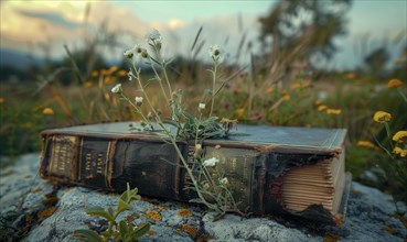 Close-up of a weathered old book with wildflowers growing from its spine AI generated