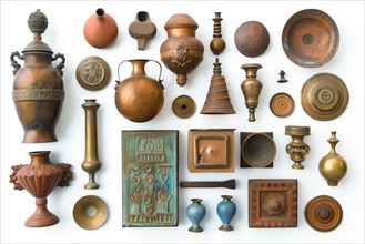 A collection of various antique metal and pottery objects, AI generated