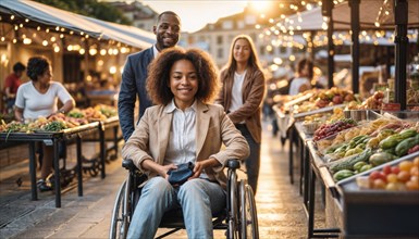 A happy couple with one partner in a wheelchair enjoying an evening at a lively outdoor market, AI