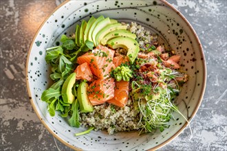 A vibrant and healthy salmon poke bowl with avocado, quinoa, and fresh sprouts, AI generated