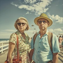 Elderly couple in summer clothes make a worried impression on a wooden walkway, AI generated