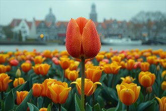 Close-up of an orange dew-covered tulip with a European cityscape blurred in the background, AI