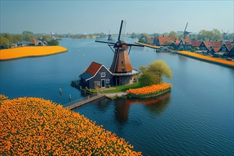 A unique aerial view of a windmill surrounded by tulip fields next to a river, AI generated