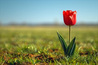 A single red tulip stands out in a field of green grass, symbolizing simplicity and natural beauty,